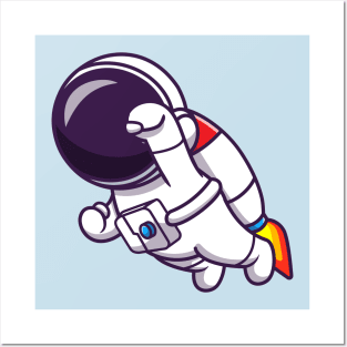 Astronaut Flying With Rocket Cartoon Posters and Art